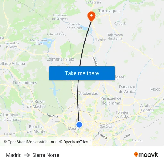 Madrid to Sierra Norte map