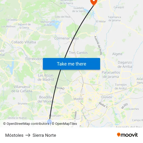 Móstoles to Sierra Norte map