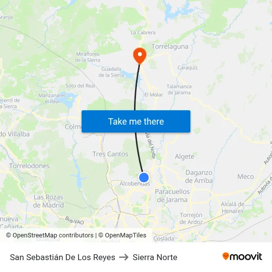 San Sebastián De Los Reyes to Sierra Norte map