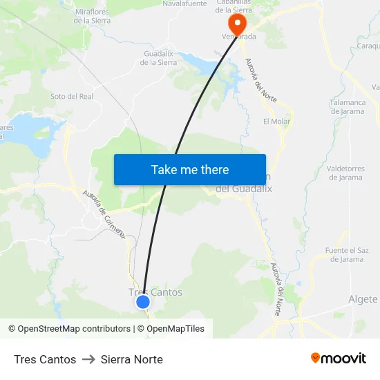 Tres Cantos to Sierra Norte map