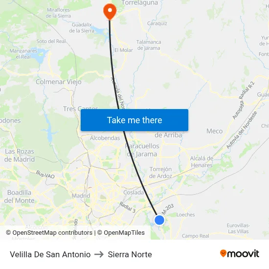 Velilla De San Antonio to Sierra Norte map