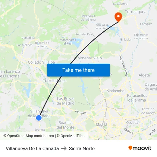 Villanueva De La Cañada to Sierra Norte map