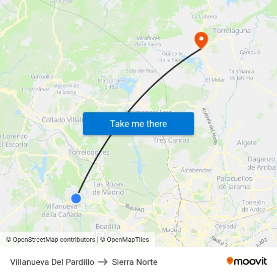 Villanueva Del Pardillo to Sierra Norte map