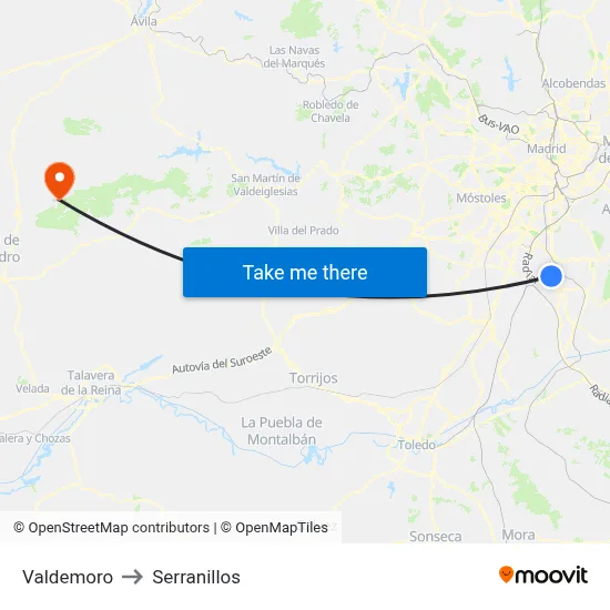 Valdemoro to Serranillos map