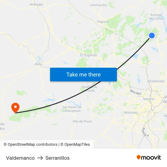 Valdemanco to Serranillos map