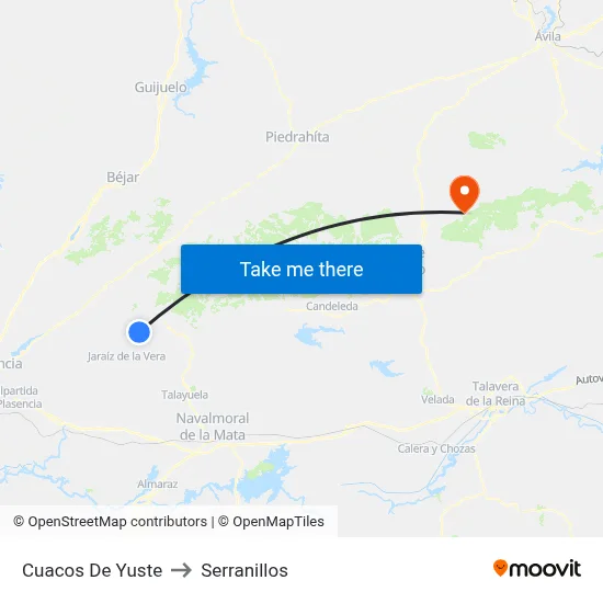 Cuacos De Yuste to Serranillos map