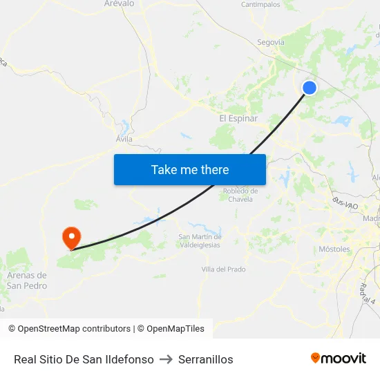 Real Sitio De San Ildefonso to Serranillos map
