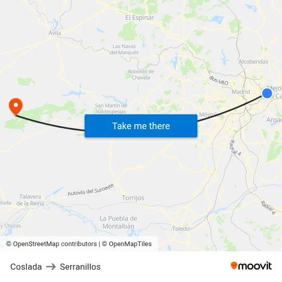 Coslada to Serranillos map