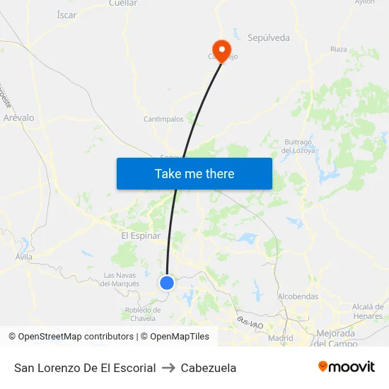 San Lorenzo De El Escorial to Cabezuela map