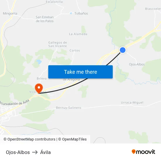Ojos-Albos to Ávila map