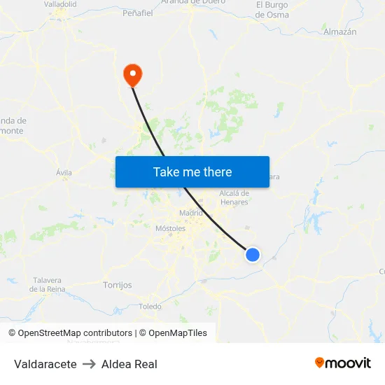 Valdaracete to Aldea Real map