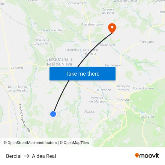 Bercial to Aldea Real map