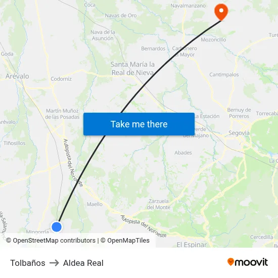 Tolbaños to Aldea Real map