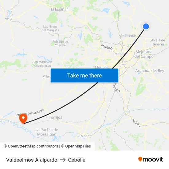 Valdeolmos-Alalpardo to Cebolla map