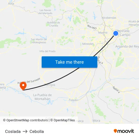 Coslada to Cebolla map