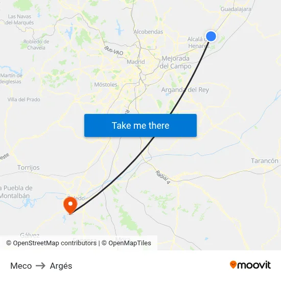 Meco to Argés map