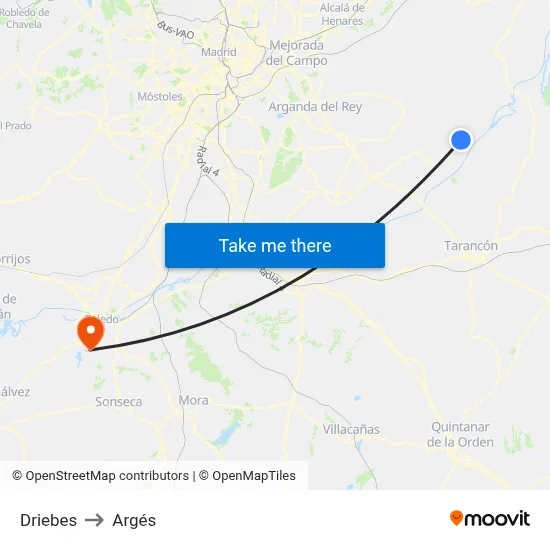 Driebes to Argés map