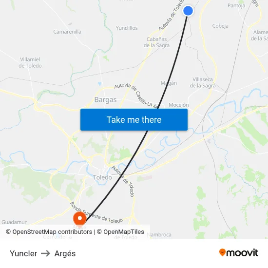 Yuncler to Argés map