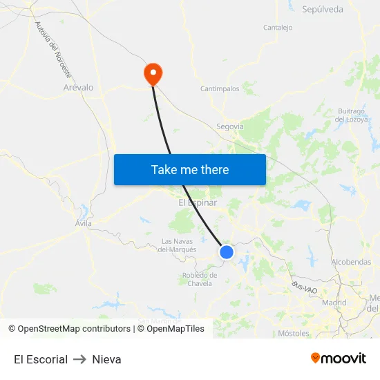 El Escorial to Nieva map