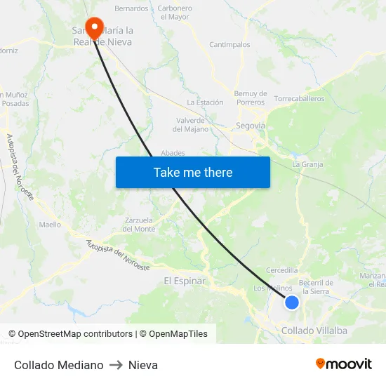 Collado Mediano to Nieva map