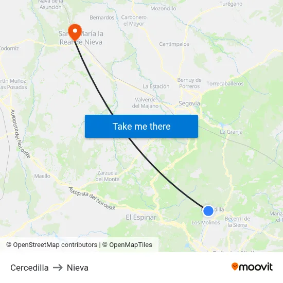 Cercedilla to Nieva map