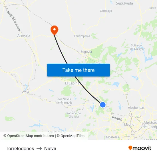Torrelodones to Nieva map