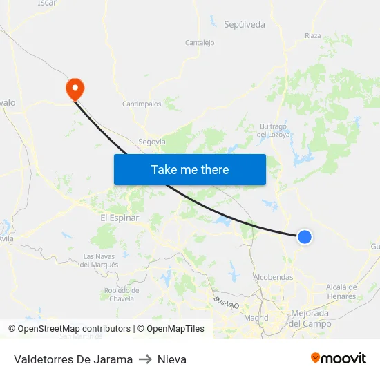 Valdetorres De Jarama to Nieva map