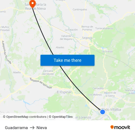 Guadarrama to Nieva map