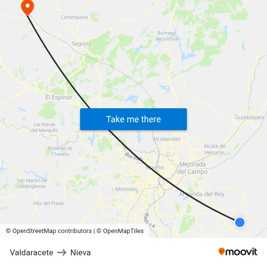 Valdaracete to Nieva map