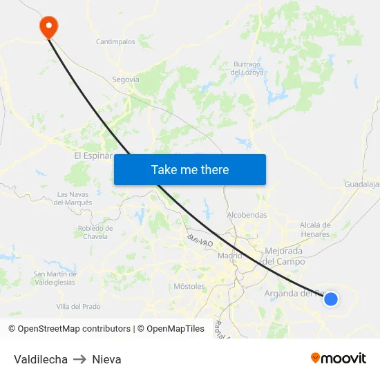 Valdilecha to Nieva map