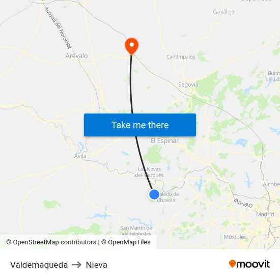 Valdemaqueda to Nieva map
