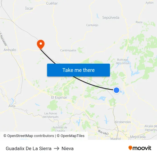 Guadalix De La Sierra to Nieva map