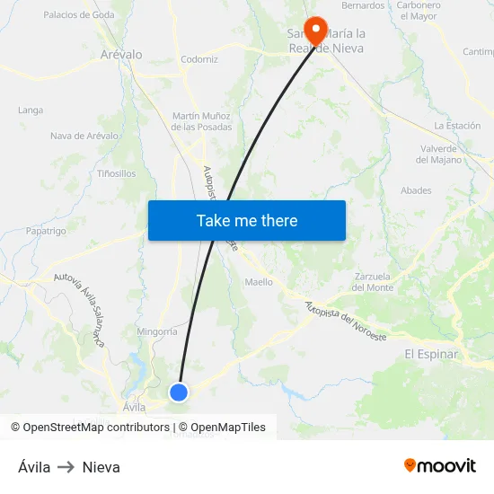 Ávila to Nieva map