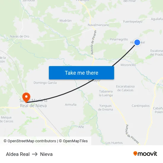 Aldea Real to Nieva map