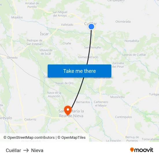 Cuéllar to Nieva map