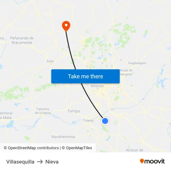Villasequilla to Nieva map