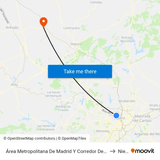 Área Metropolitana De Madrid Y Corredor Del Henares to Nieva map