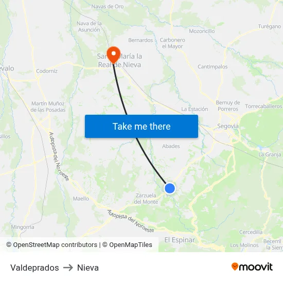 Valdeprados to Nieva map
