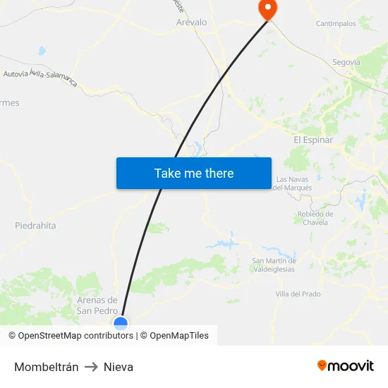 Mombeltrán to Nieva map