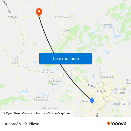 Alcorcón to Nieva map