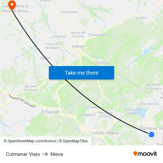 Colmenar Viejo to Nieva map