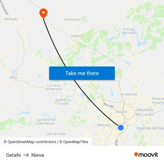 Getafe to Nieva map