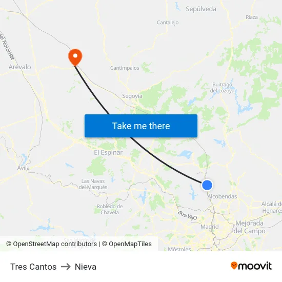 Tres Cantos to Nieva map