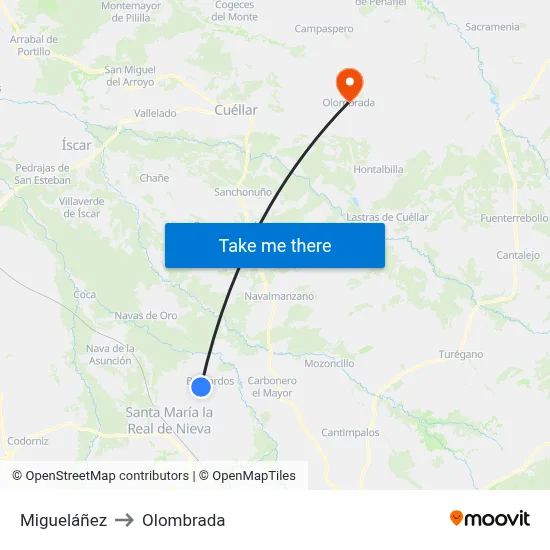 Migueláñez to Olombrada map