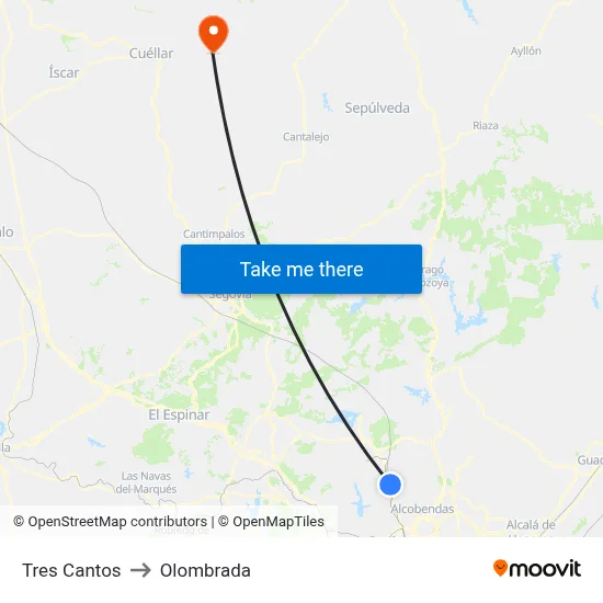 Tres Cantos to Olombrada map