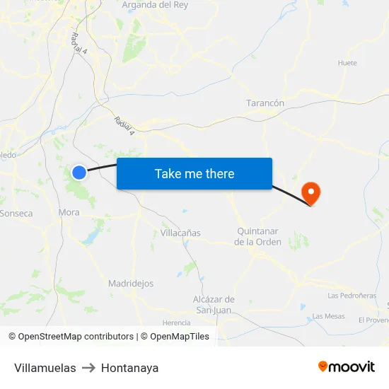 Villamuelas to Hontanaya map