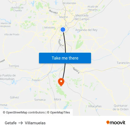 Getafe to Villamuelas map
