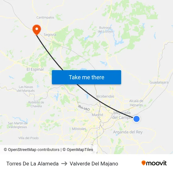 Torres De La Alameda to Valverde Del Majano map