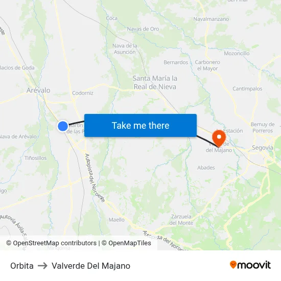 Orbita to Valverde Del Majano map