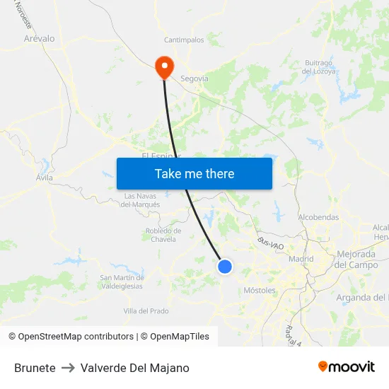 Brunete to Valverde Del Majano map